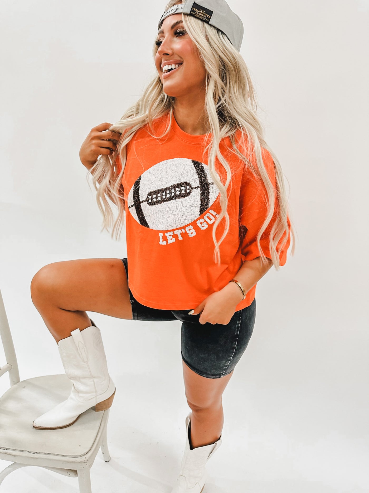 Let's Go! Football Sequin Cropped T-Shirt