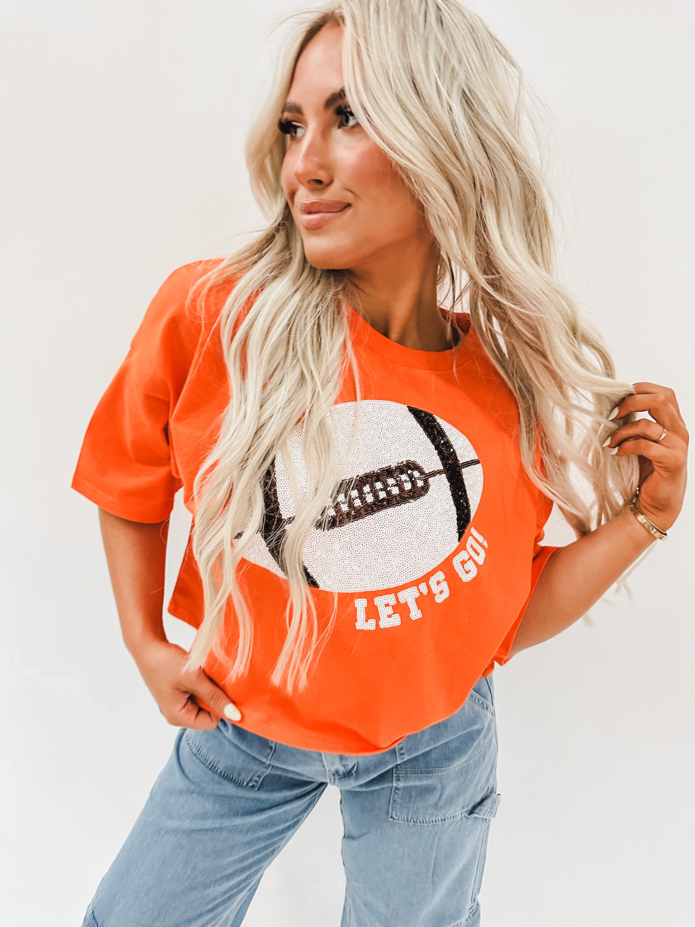 Let's Go! Football Sequin Cropped T-Shirt